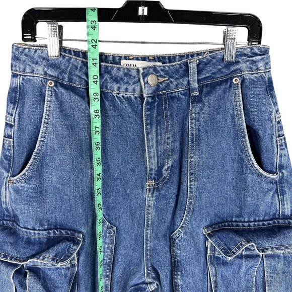 Zara Womens 6 Baggy Hi Rise Wide Leg Utility Multi Pocket Cargo Blue Denim - Picture 14 of 16